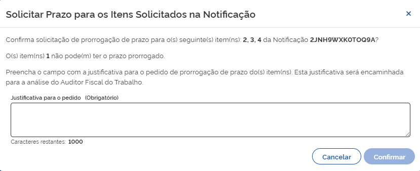 Tela de justificativa para solicitação de prorrogação.