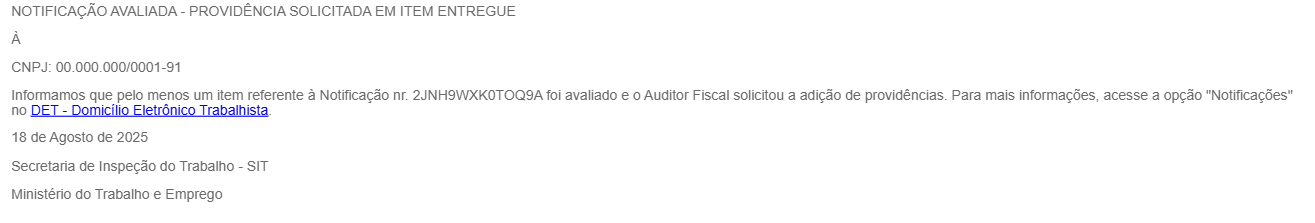 Email de providência solicitada em item entregue.